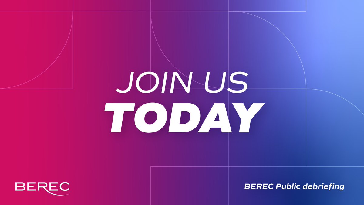 ⏰ It's today! Join the #BERECpublic debriefing! 
Latest updates on:
➡️ OpenInternet, Net Neutrality, Over-the-top Fair Share 🌐
➡️ Satellite connectivity 🛰
➡️ Sustainability 🌳
➡️ Roaming 📱
➡️ Internet ecosystem 📈 🌍 
➡️ Disabled end-users 👥
#empoweringEUconnectivity