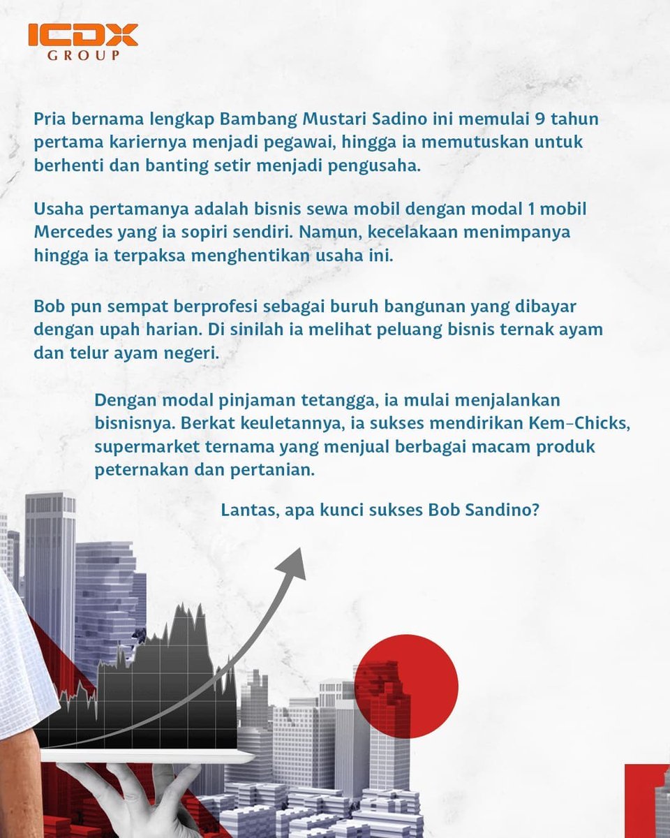 ICDXgroup's tweet photo. Risiko dan kreativitas jadi kunci sukses pengusaha Indonesia Bob Sandino. Simak tips lengkapnya, swipe👉
#BursaMasaKini #GoTrading https://t.co/JFbIWPx4qA