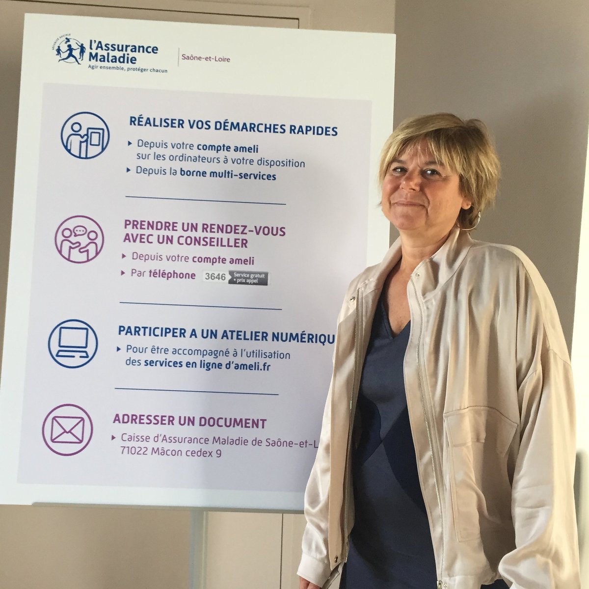 cpam_71's tweet photo. [En ce moment] #ConférencedePresse Présentation @CourtialPatric2 nouvelle directrice de la @CPAM_71 Objectifs Renforcer l’offre de service et répondre aux besoins de nos publics Porter une attention particulière aux plus fragiles Garantir la continuité du service @Assur_Maladie https://t.co/B0zuXv5KLu