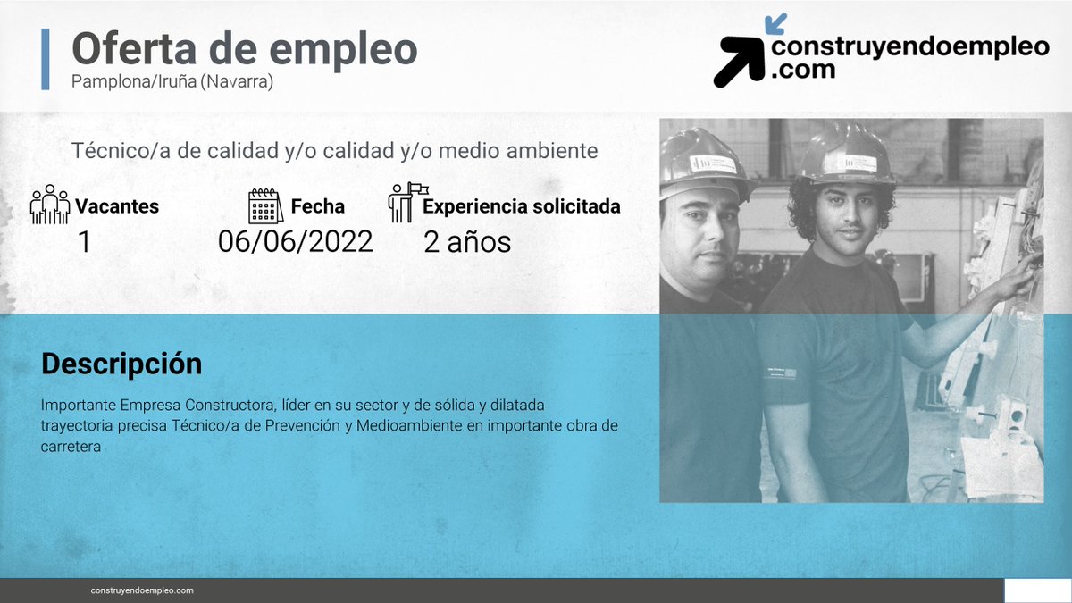 FLC_Empleo's tweet photo. ⚠ Consulta nuestro portal de empleo, y conoce las vacantes en el sector
💼 Auxiliar de administración de obra, Sevilla 
💼 Oficial/a de 1ª, Huesca
💼 Técnico/a de prevención y/o calidad y/o medio ambiente, Pamplona
💼 Albañil, Valladolid 
https://t.co/Riv8x7WTiM  
#EresEmpleo https://t.co/7cwIY4xg8z