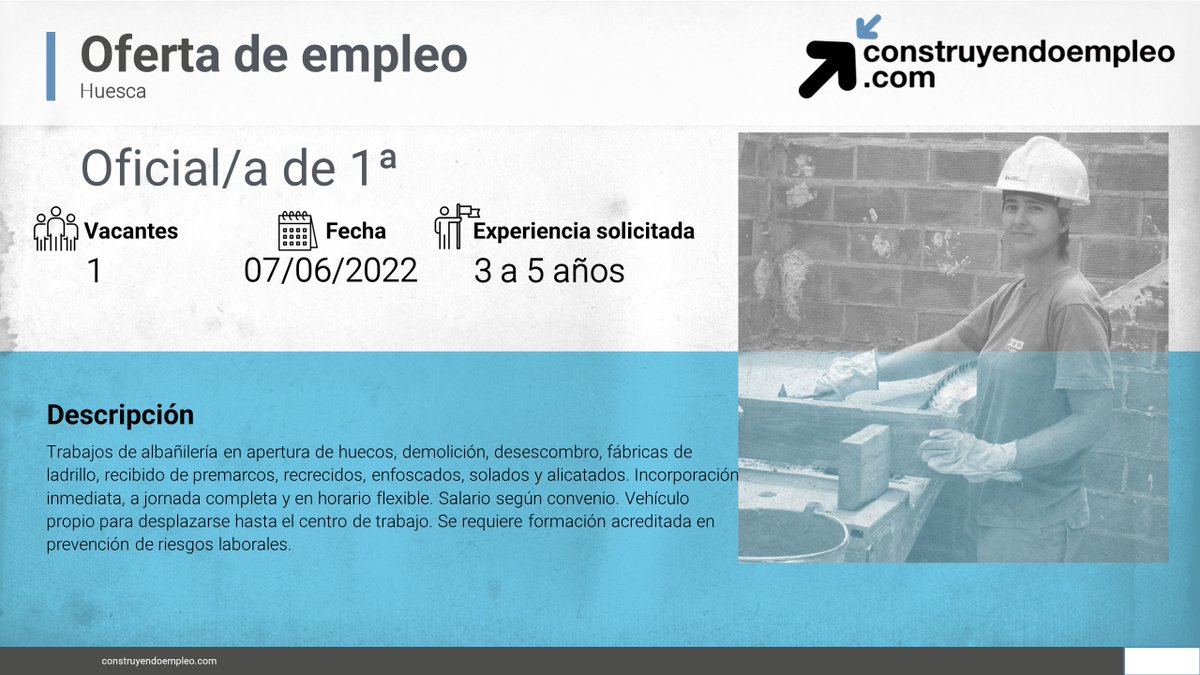 FLC_Empleo's tweet photo. ⚠ Consulta nuestro portal de empleo, y conoce las vacantes en el sector
💼 Auxiliar de administración de obra, Sevilla 
💼 Oficial/a de 1ª, Huesca
💼 Técnico/a de prevención y/o calidad y/o medio ambiente, Pamplona
💼 Albañil, Valladolid 
https://t.co/Riv8x7WTiM  
#EresEmpleo https://t.co/7cwIY4xg8z