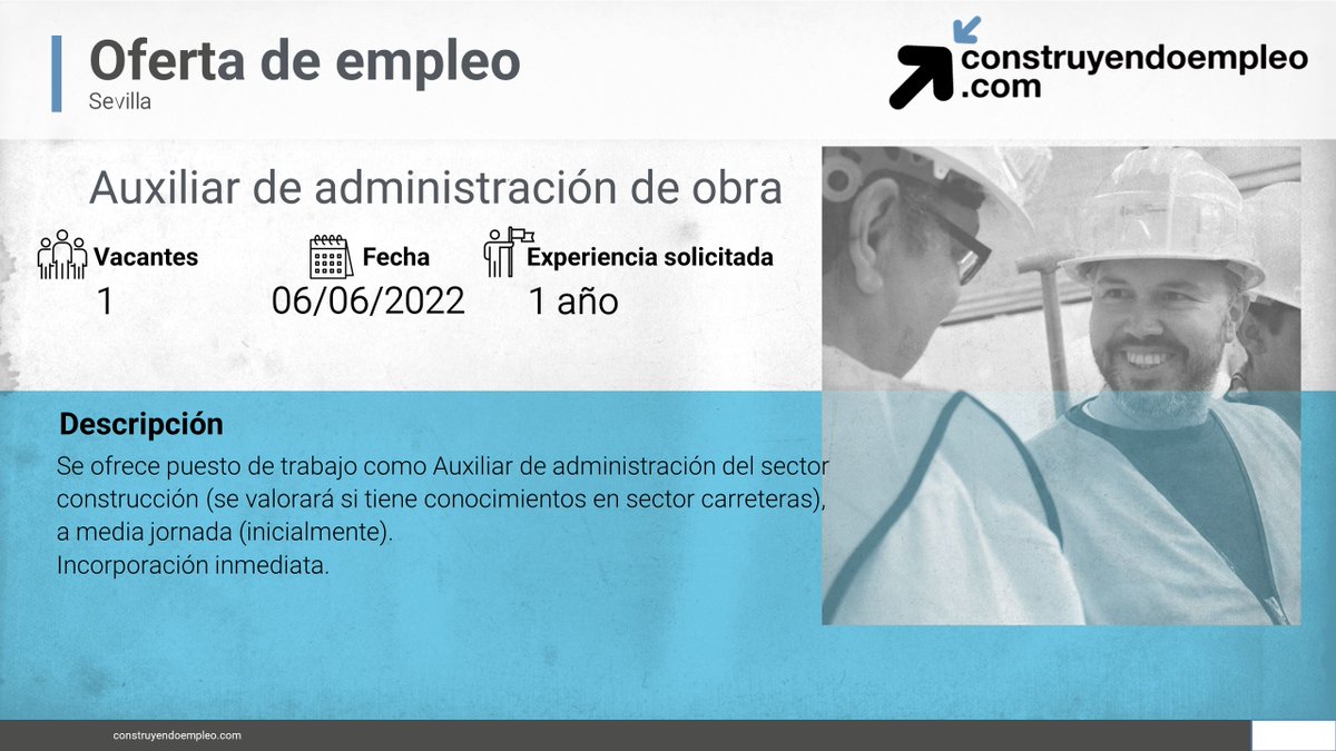 FLC_Empleo's tweet photo. ⚠ Consulta nuestro portal de empleo, y conoce las vacantes en el sector
💼 Auxiliar de administración de obra, Sevilla 
💼 Oficial/a de 1ª, Huesca
💼 Técnico/a de prevención y/o calidad y/o medio ambiente, Pamplona
💼 Albañil, Valladolid 
https://t.co/Riv8x7WTiM  
#EresEmpleo https://t.co/7cwIY4xg8z