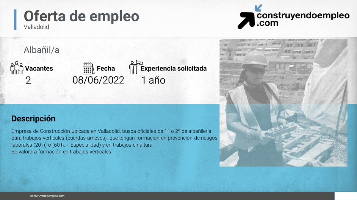 ⚠ Consulta nuestro portal de empleo, y conoce las vacantes en el sector
💼 Auxiliar de administración de obra, Sevilla 
💼 Oficial/a de 1ª, Huesca
💼 Técnico/a de prevención y/o calidad y/o medio ambiente, Pamplona
💼 Albañil, Valladolid 
construyendoempleo.com/#/mainPage  
#EresEmpleo