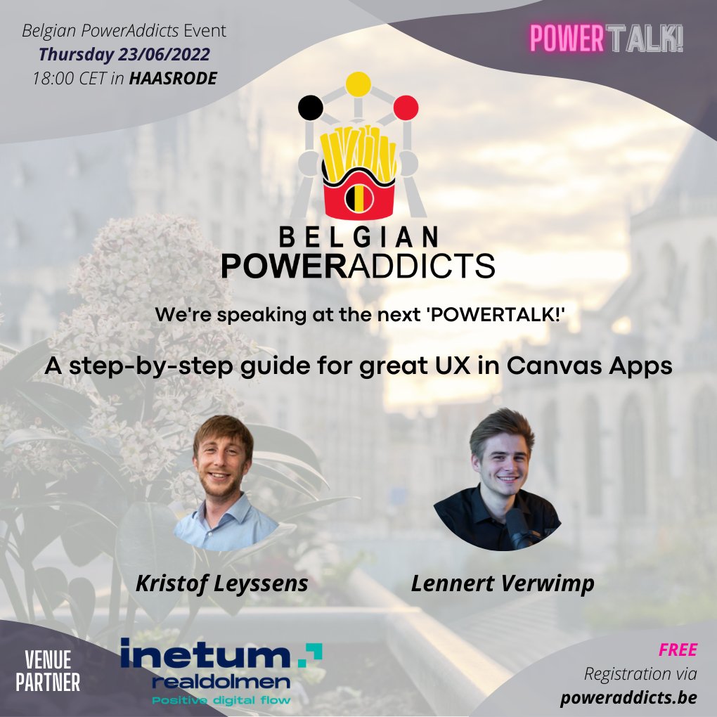 PowerAddictsBE's tweet photo. Meet Kristof and Lennert (@Kristof_L @LennertVerwimp) at the next 'POWERTALK!' in Leuven. Hosted by @Realdolmen at 'The Interactive Hub'. Reserve Ticket-> https://t.co/UQ9VMW1WwM  #PowerAddictsBE #PowerPlatform #PowerVirtualAgents #PowerApps #PowerAutomate #Bots #VirtualAssistant https://t.co/hl8GkCFKD2