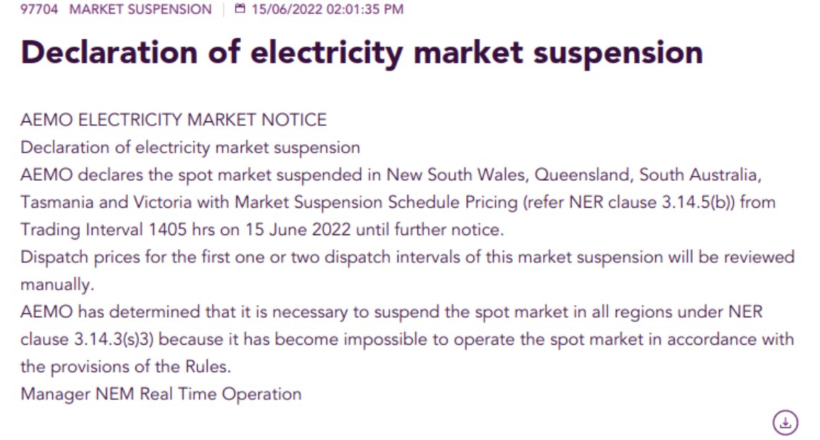 p_hannam's tweet photo. Perhaps it was inevitable...but now the spot market for electricity for eastern Australian has been suspended by @AEMO_Energy . (H/T @dylanjmcconnell ) https://t.co/LrpbvGDo48