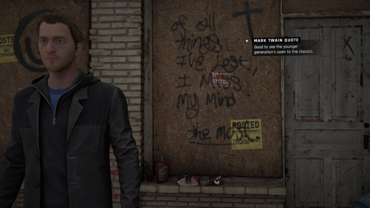 sdrowdrawkcab's tweet photo. paraphrased Mark Twain quote "Of all the things I have lost, I miss my mind the most" - Twin Mirror graffiti #TwinMirror #XboxShare https://t.co/u9L306scX0
