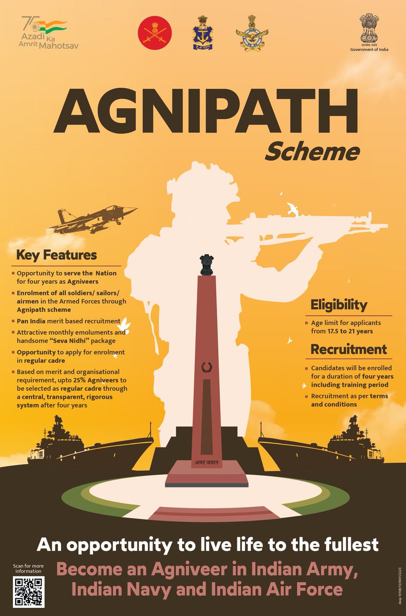 dpradhanbjp's tweet photo. A lifetime opportunity for India’s youth to join the prestigious Indian Army as #BharatKeAgniveer. 

Learn, earn and serve the nation. 
Scan the barcode to know more! 
#Agnipath https://t.co/29Q3wuPAUK