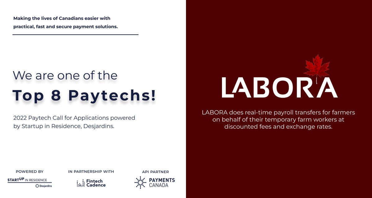Thank you to Desjardins, Fintech Cadence, and experts we've met in supporting our journey to offer real-time payroll transfers for farmers on behalf of their temporary farm workers at discounted fees and exchange rates.