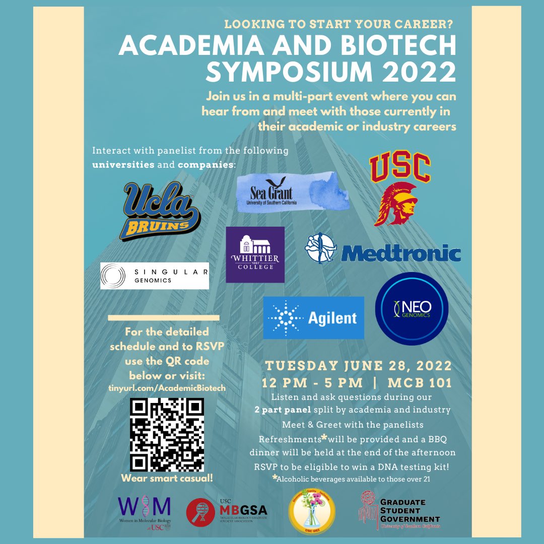 Join us June 28th in Michelson Hall (MCB) at 12 PM for our Academia and Biotech Career Symposium. Come network with women both the academic and industry spheres. Use the QR code or link on the flyer to RSVP and to enter into our raffle!