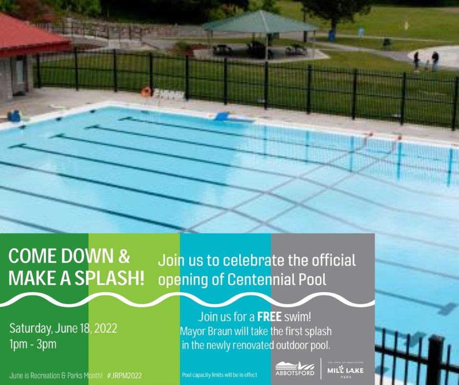 HenryBraun_'s tweet photo. Just in time for summer holidays!

The #CentennialPool renewal project is now complete and the @City_Abbotsford is pleased to re-open the facility to the public. 

Join us Sat, June 18, 1 PM start.

More: https://t.co/bQBbYwmUjp

#FreeSwim #MakeASplash #AbbotsfordBC https://t.co/yAYicLE1qc
