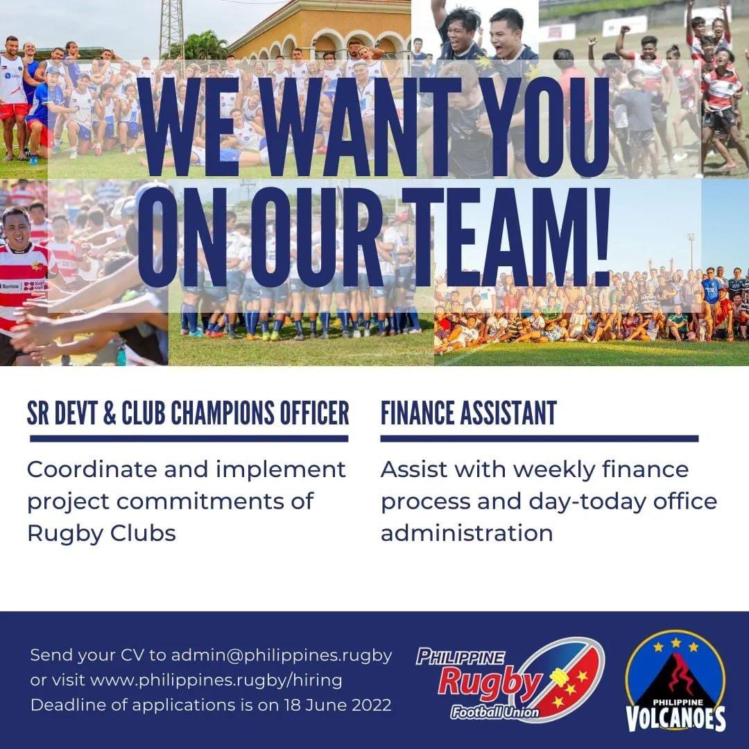 PRFU is looking for a  Senior Development &amp; Club Champions Officer and a Finance Assistant!

Send your resume to admin@philippine.rugby

Deadline of applications is on 18 June 2022