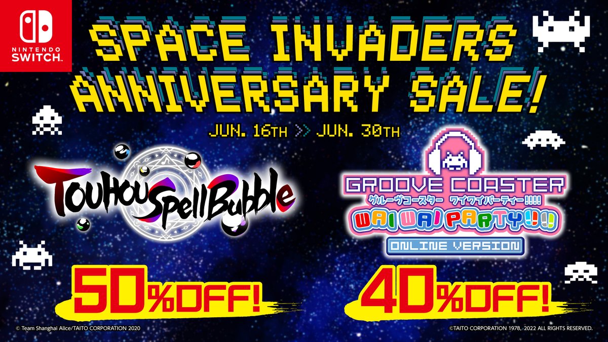 TaitoCorp's tweet photo. To celebrate #SpaceInvadersDay on June 16th, we have a double sale to invade your Nintendo Switch!
https://t.co/U09Dl0cWU7
https://t.co/SwI0Xiswys
#GrooveCoaster + #TouhouSpellBubble https://t.co/6jczkTRNrj