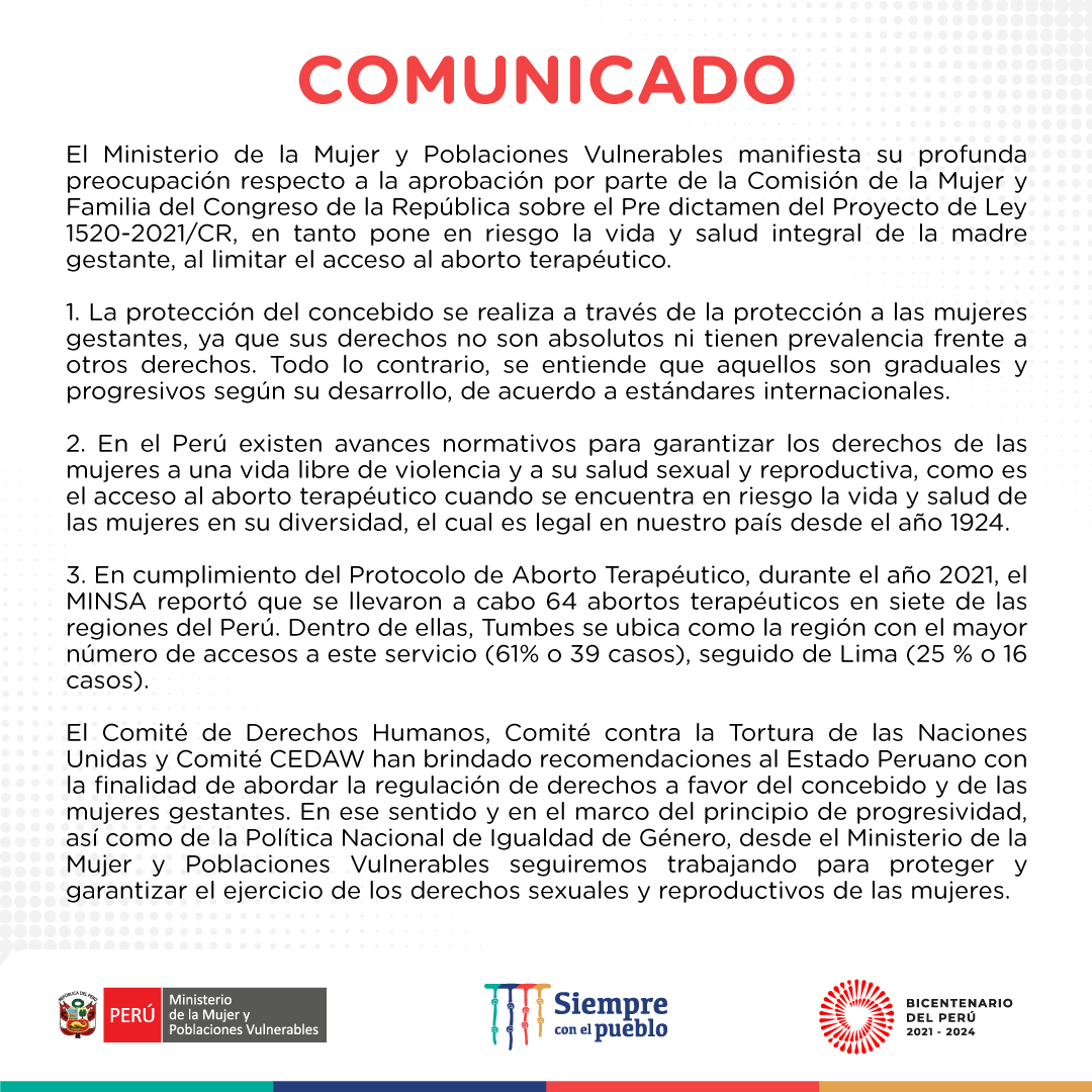 MimpPeru's tweet photo. El MIMP manifiesta profunda preocupación por el pre dictamen del Proyecto de Ley 1520-2021/CR, en tanto pone en riesgo la vida y salud integral de la madre gestante, al limitar el acceso al aborto terapéutico. https://t.co/SICmpndJpW