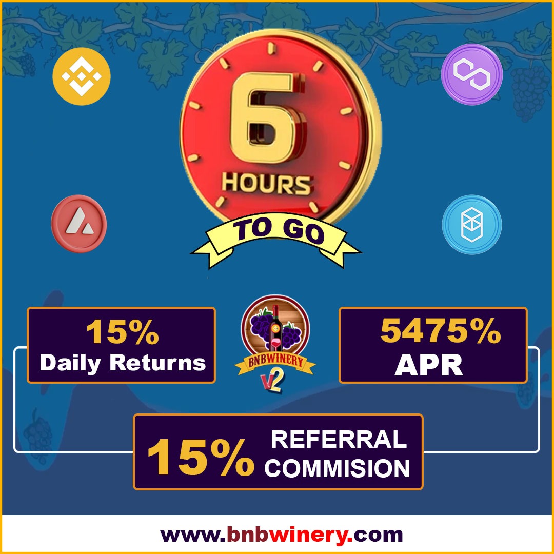 BnbWinery's tweet photo. 6HOURS TO GO!!!
BNB Winery🍷v-2 (Multi-coin-staking) 
Launch: 15th June, 11 UTC.
We see traffic is beyond expectation!  
Join Our telegram community https://t.co/lBpr7qFGZ5 and get 100 WINE tokens.
Hurry up!!! 
#BNB #PolygonMatic #AVAX #FTM #cryptocurrecy #Staking #smartcontracts https://t.co/KDXclogGGr