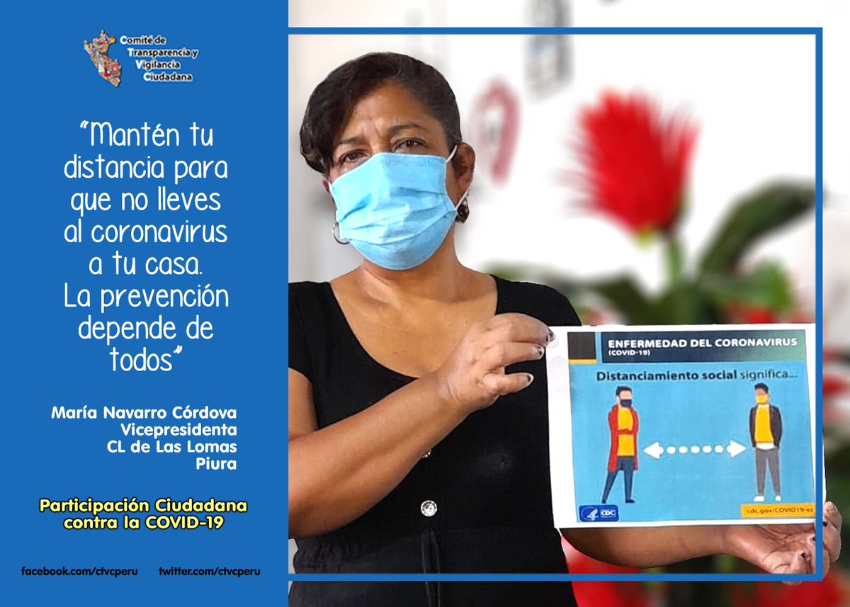 ctvcperu's tweet photo. #CTVCteCuida l Doña María Navarro, vicepresidenta del Comité Local de Las Lomas (Piura), nos recuerda cumplir con la distancia física para evitar riesgos de contagio.
📍#ParticipaciónCiudadana contra la #COVID19
#CTVCenAcción #CTVCtips #ManténTuDistancia @Minsa_Peru @OPSOMSPeru https://t.co/gW7NtbauDb
