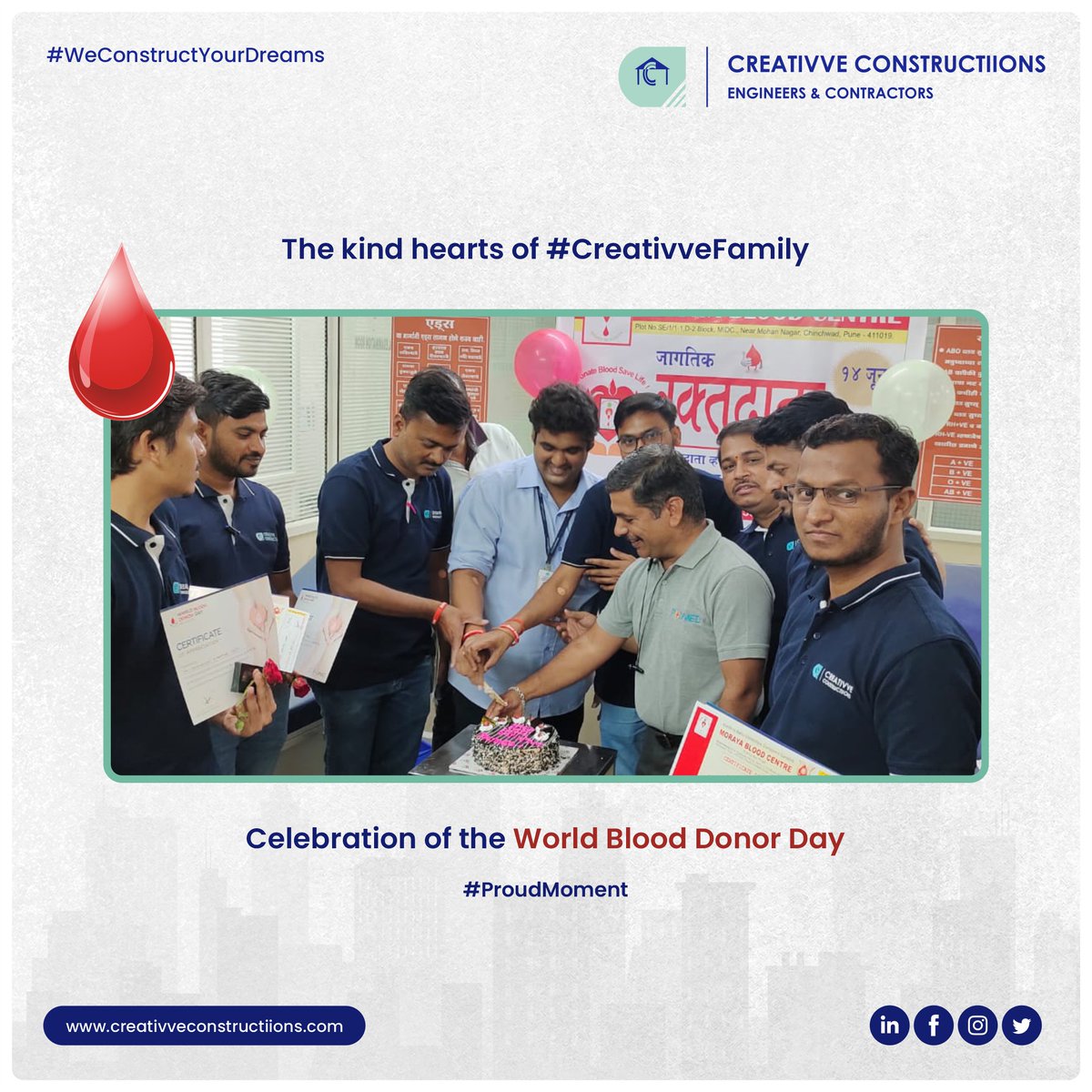 CreativveConst's tweet photo. On the #WorldBloodDonorDay, few members of #CreativveFamily decided to collectively donate blood at a local blood bank. It is a proud moment for us to have a team that understands the issue of blood scarcity. Thanks team!
#BloodDonation #CreativveConstructiions #CreativveFamily https://t.co/qoOJ2hfEYL