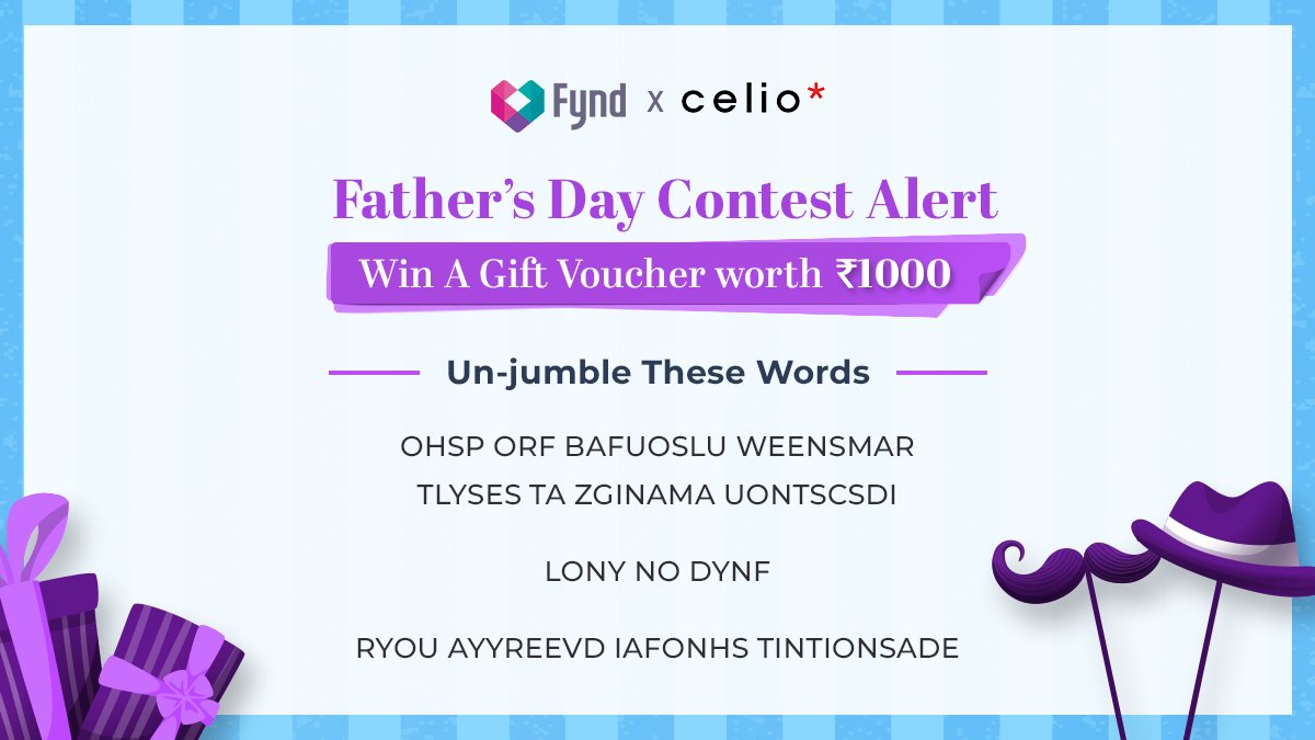 fynd_official's tweet photo. Put your thinking cap on and un-jumble these words! 😎

Terms &amp; Conditions:
1. Follow @GoFynd and @celioindia 
2. Like &amp; retweet this
3. Comment the right answer 
4. Tag 3 friends below

What are you waiting for? Let's go❤️ 

#ContestAlertIndia #FathersDay #FathersDay2022 #fynd https://t.co/kilgtGNCvf