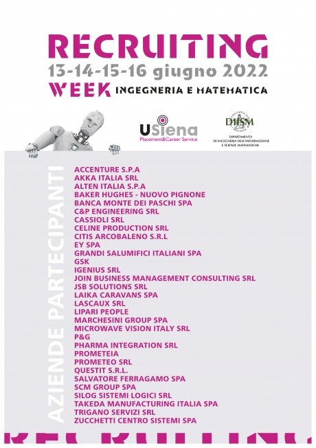 unisiena's tweet photo. 📌 15/6 #RecruitingWeek
#Ingegneria e #Matematica
Le aziende di oggi.
Presentazioni e colloqui.
👉https://t.co/8GNBiQTgu0
CITIS Arcobaleno 9.30
QuestIT 9.55
Celine 10.20
Laika Caravans 10.45
Cassioli 11.10
Trigano 11.35
Salvatore Ferragamo 12
Baker Hughes 12.25
JSB Solutions 13 https://t.co/GpzyM6t9KK