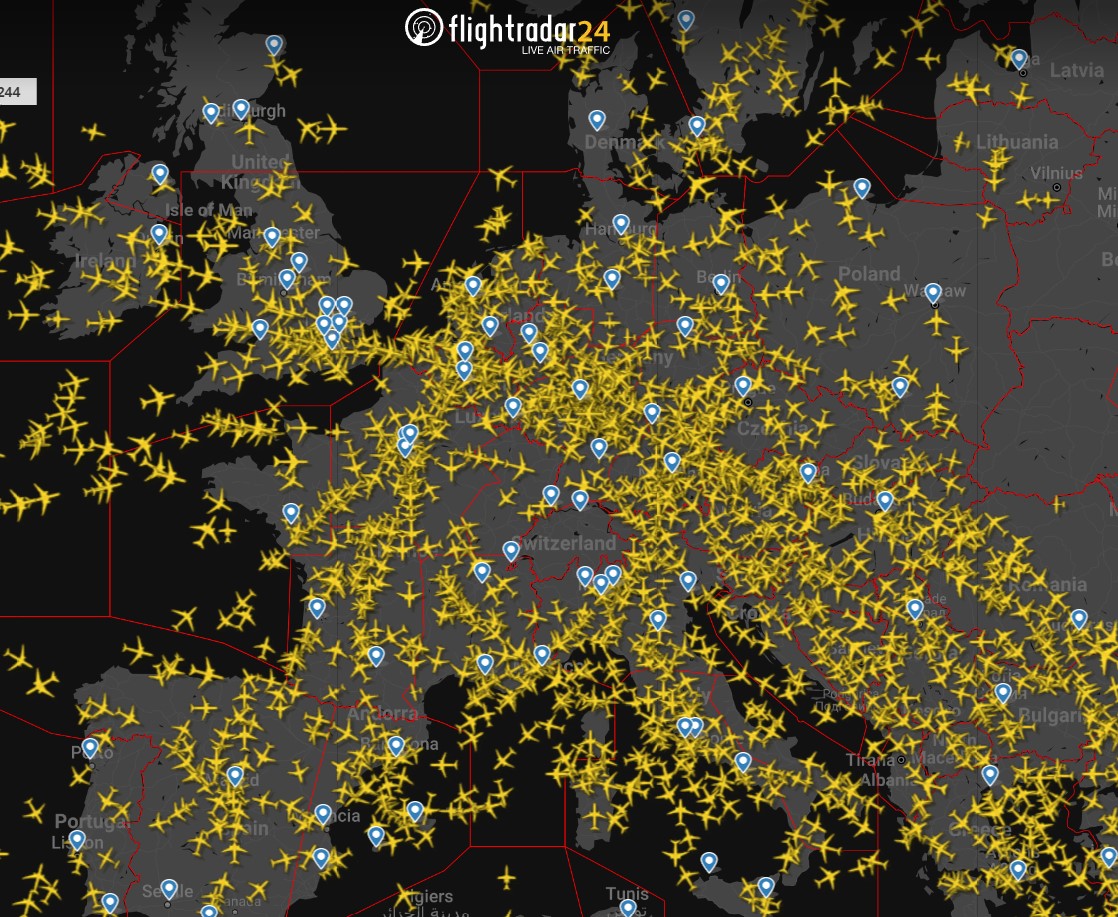 According to Eurocontrol there is a system failure in Switzerland right now:
LSAZ and LSAG (Zurich and Geneva). Zero rate regulations due to system failure. High delays.

Live map flightradar24.com/47.01,9.38/7