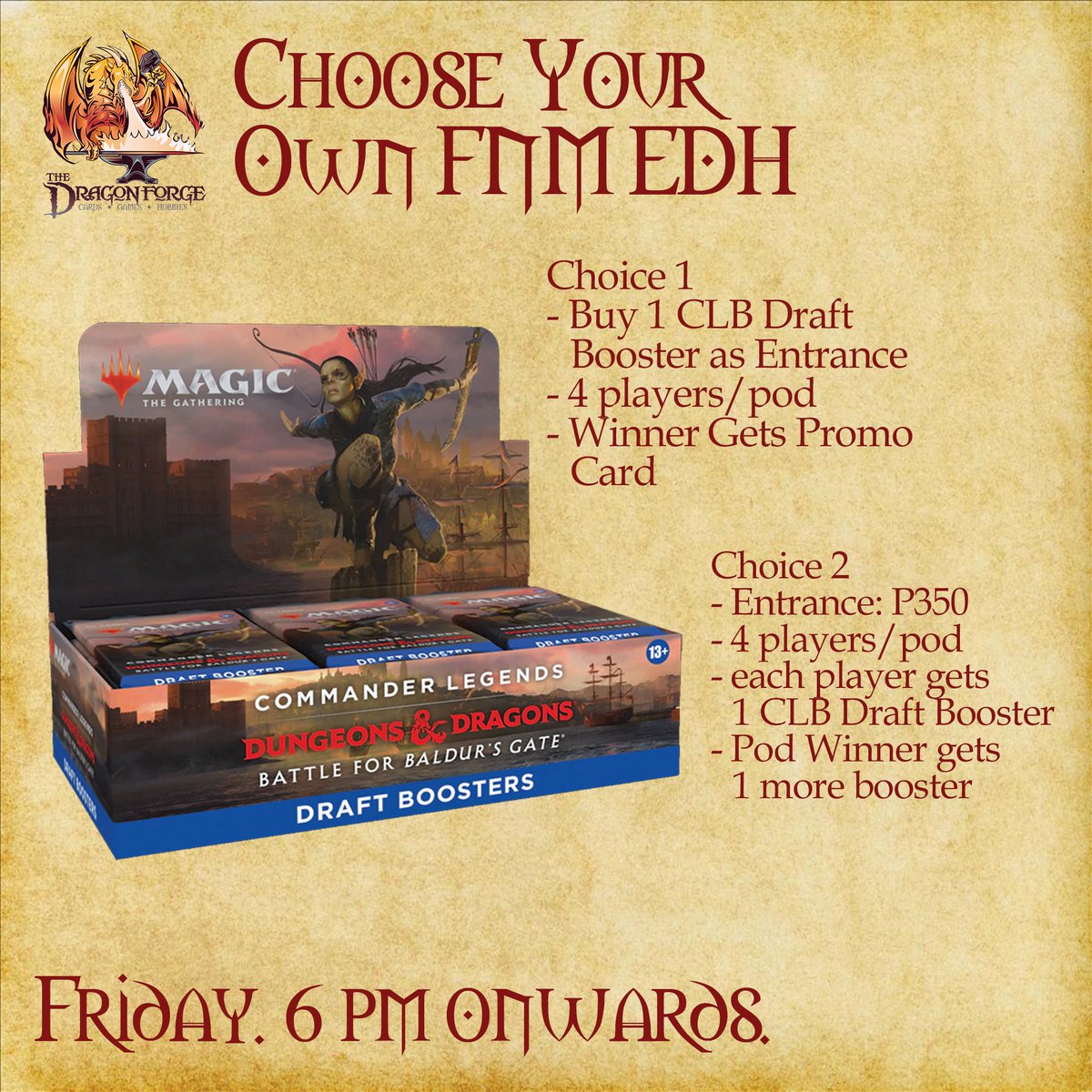 DragonforgePH's tweet photo. We now have FNM events for EDH players, whether you prefer something casual or something more challenging! Your playgroup can choose their own FNM and prize structure, and they only need 4 players/pod! https://t.co/IZb3B1h1Fp