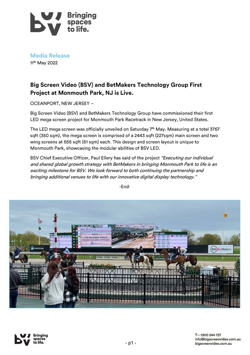 BigScreenVideo's tweet photo. We are incredibly proud to bring @MonmouthPark to life in conjunction with BetMakers Technology Group. Our first North American project! https://t.co/OfCbE9Masa