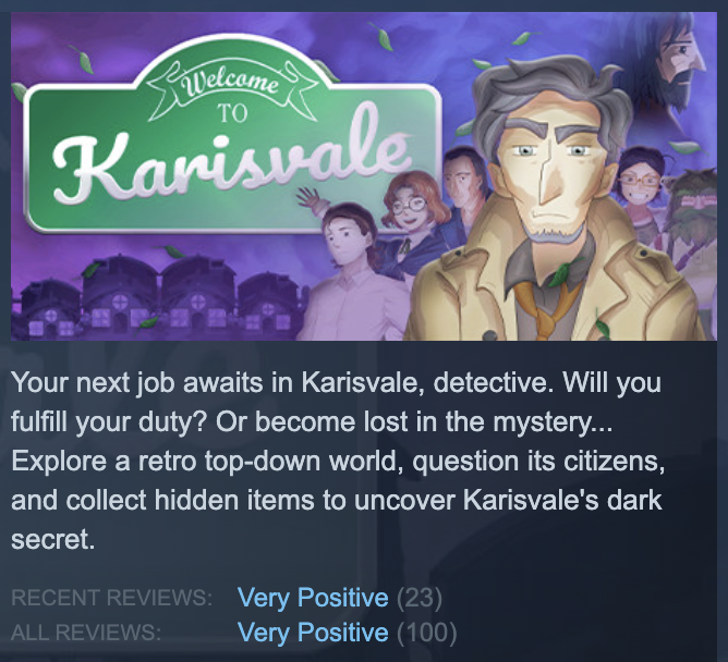 100 reviews! I'm thrilled by the response Karisvale has received and each review brings me so much joy. Thank you to everyone who has played it, and if you haven't, check out what all the fuss is about, for FREE: bit.ly/3NaITZk

#indiegames #gaming #freegames #gamedev