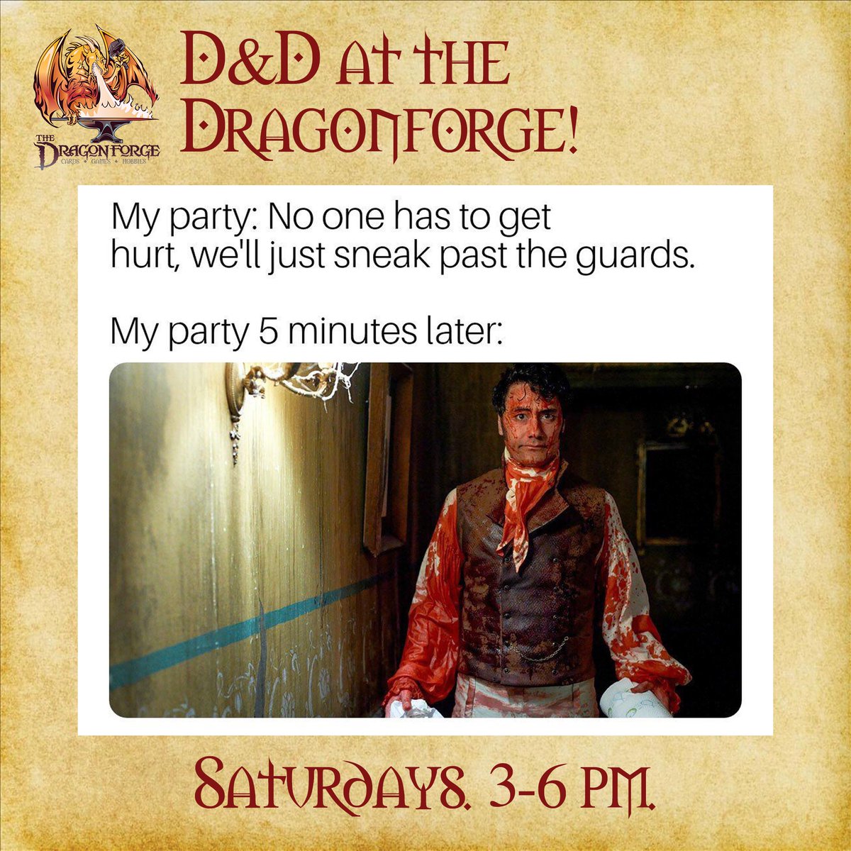 DragonforgePH's tweet photo. Still hankering for that in-person Dungeons
and Dragons? Just show up on Saturday and we'll try
to make room for you table-starved murder hobos! https://t.co/IFCVyMBqCq