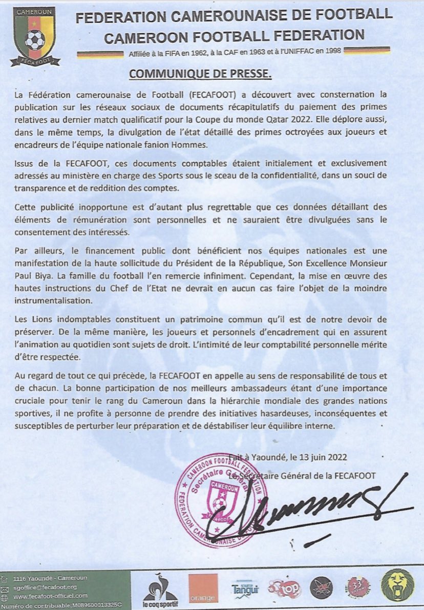 martinmimb's tweet photo. Publication des primes des @LIndomptables , la @FecafootOfficie sort de son silence et accuse à mots voilés le #Minsep et donc @KombiPr . Il est vrai que cette divulgation frise l’indécence, mais elle est la conséquence de la bataille souterraine entre les deux institutions https://t.co/v2Bv6CP1OB