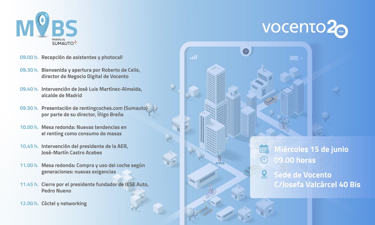 CochesRenting's tweet photo. 📅 Hoy nace MOBS, el evento anual sobre movilidad de #Sumauto.
A las 🕘9:00, el sector del motor se citan en la sede de @Vocento para participar en una primera jornada enfocada en el renting.
#MOBS2022Renting es el hashtag que debes seguir y estos serán los ponentes 👇 https://t.co/GLxedAOQB8