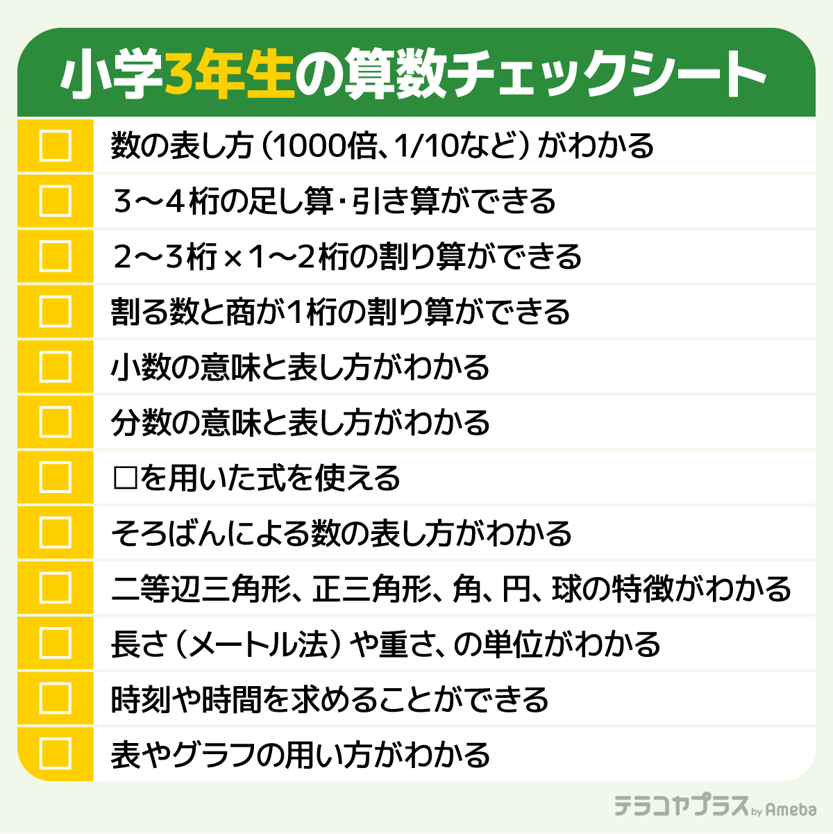 公式 テラコヤプラス 受験親子の応援 小学3年生算数 小学3年生で習った算数の復習です チェックシートに単元をまとめました 今のうちに 不安な単元がないか の画像を保存して確認しておきましょう 明日は小学校4年生の算数のまとめです
