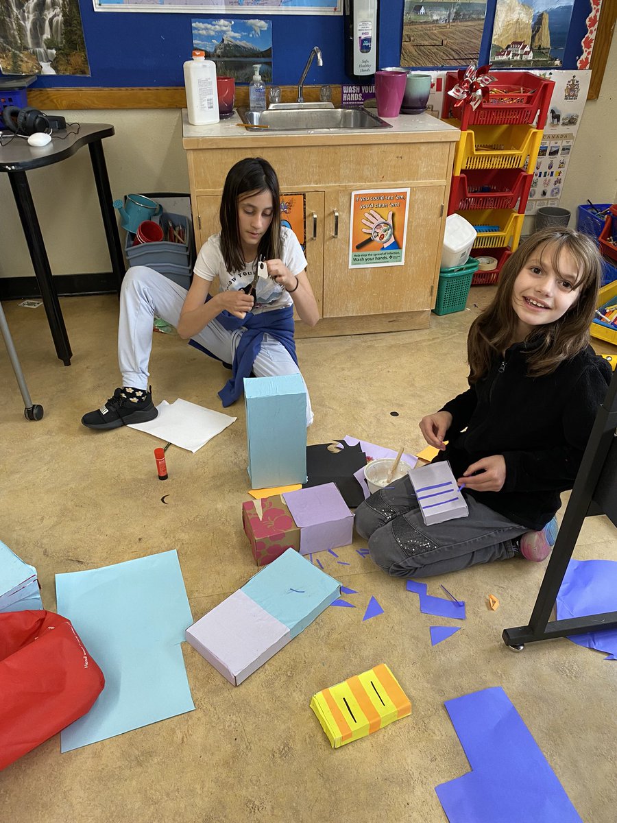 Students are learning about area, perimeter and volume in mathematics. They are eager to share their art creations with our grade two buddies!