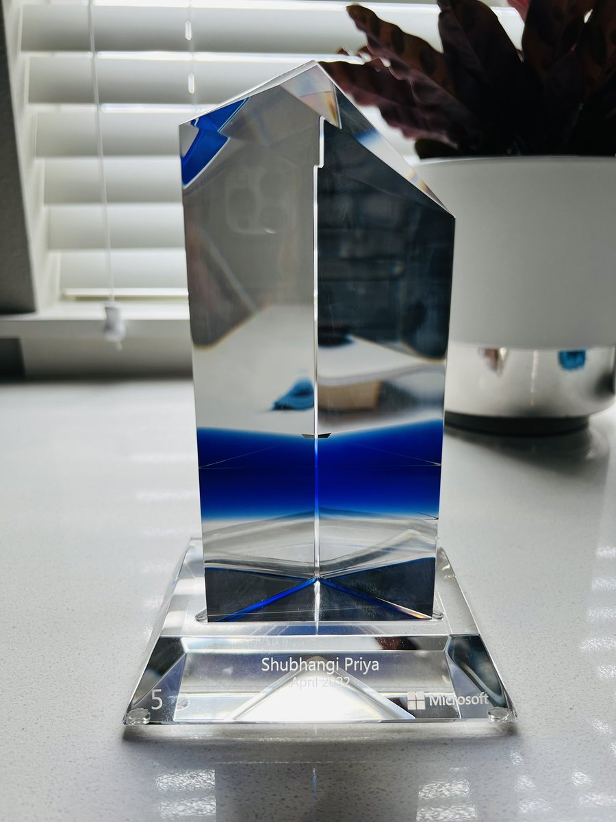 Shubhangi1237's tweet photo. Got my 5 year anniversary crystal today. Thank you @Microsoft for inspiring me everyday to push my boundaries and to build software that empowers others. ❤️💚💛💙 https://t.co/JgFBZPQYCk