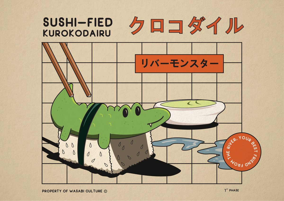 wasabiculture_'s tweet photo. 🍣🔥Fresh drop!🔥🍣

This one will be the last drop for the first phase of Wasabi Culture. Today's drop featuring crocs the Kurokodairu 🐊

"Sushi-fied Kurokodairu"
10/10 eds. | 1 tez
https://t.co/EU5n6bxY4P

#NFT #NFTartwork #NFTs #objktcom  #CleanNFT  #tezos https://t.co/aFCtA6bqVf