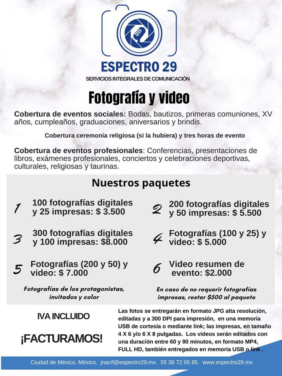 29Espectro's tweet photo. Entre nuestros servicios, ofrecemos fotografía y video para tus eventos 📸🎞📹

Échale un ojo a nuestro portafolio 👉 https://t.co/Mb6p3wxL0g

Contacto: Lic. Jorge Raúl Nacif G.
E-mail: jnacif@espectro29.mx
Whatsaap: 55 36 72 95 85

Toda la información 👇👇👇 https://t.co/SY0XtJs1y9