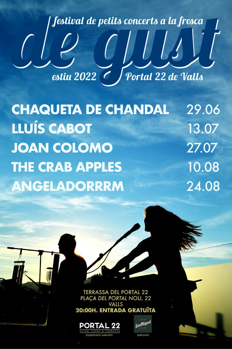 Aquest estiu tornarem al @portal22valls, al cicle #DeGust. Hi serem amb @chaquetadechan1 (29/6) i <a href="/lluiscabot/">Lluís Cabot</a> (13/7). Pessigolles a la panxa.