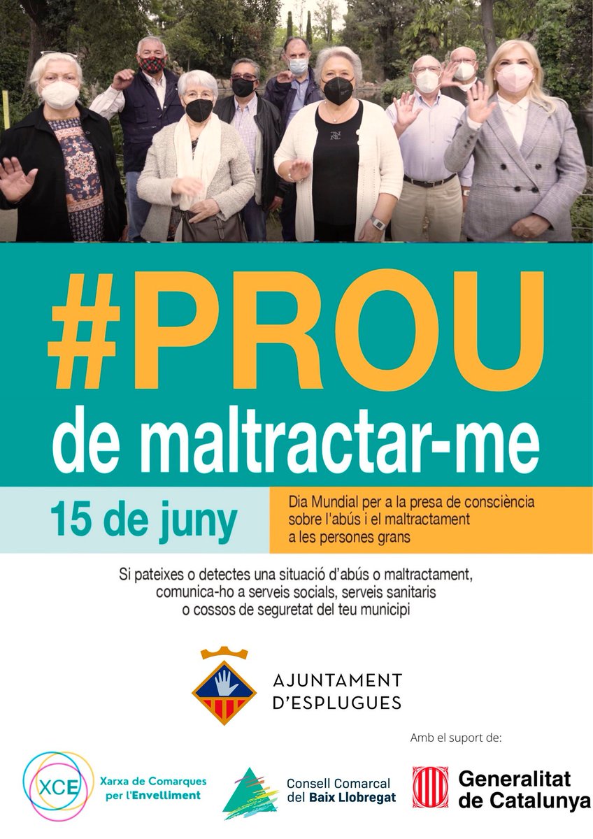 Avui commemorem el Dia Mundial de la Presa de Consciència de l’Abús i el Maltractament a Persones Grans.

🎙️A les 10h, davant l'<a href="/ajesplugues/">Ajuntament d'Esplugues de Llobregat</a>, assistirem a la lectura del Manifest. 

🖐️#Respecte #TracteDigne #BaixLlobregat #Esplugues