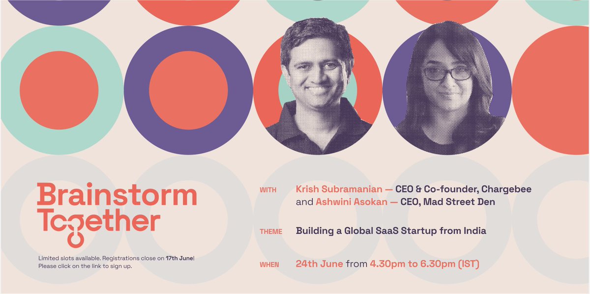 scaletogether's tweet photo. 🚨 Attention, Founders!
The time to learn is now!
We are hosting an exclusive #BrainstormTogether session with two dynamic mentors — Krish Subramanian — Chargebee and Ashwini Asokan — Mad Street Den, on the 24th of this month. ✨
Here’s why it’s crucial for founders👇
A 🧵 https://t.co/rS6fjIOpGR