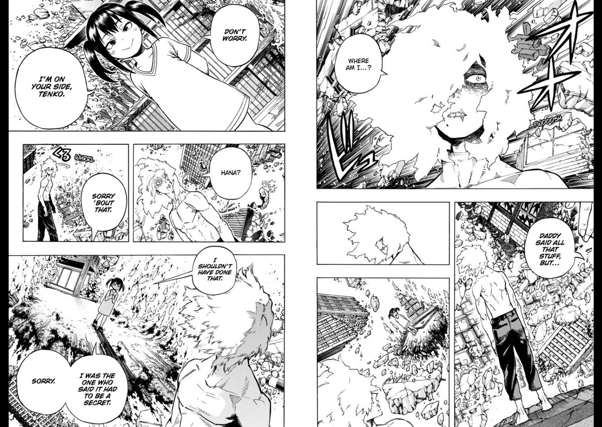 hawkesjournal's tweet photo. 🚫 MHA Season 6 Anime Spoiler 🚫
I'm 100% certain that Present Mic's sound based attack is what woke up Shigaraki in the vestiges world. Hori just had these moments sync up to give the impression that the shock is what did it.
#mha355 isn't an asspull because of chps. 269-270 https://t.co/daW9ea6YAY