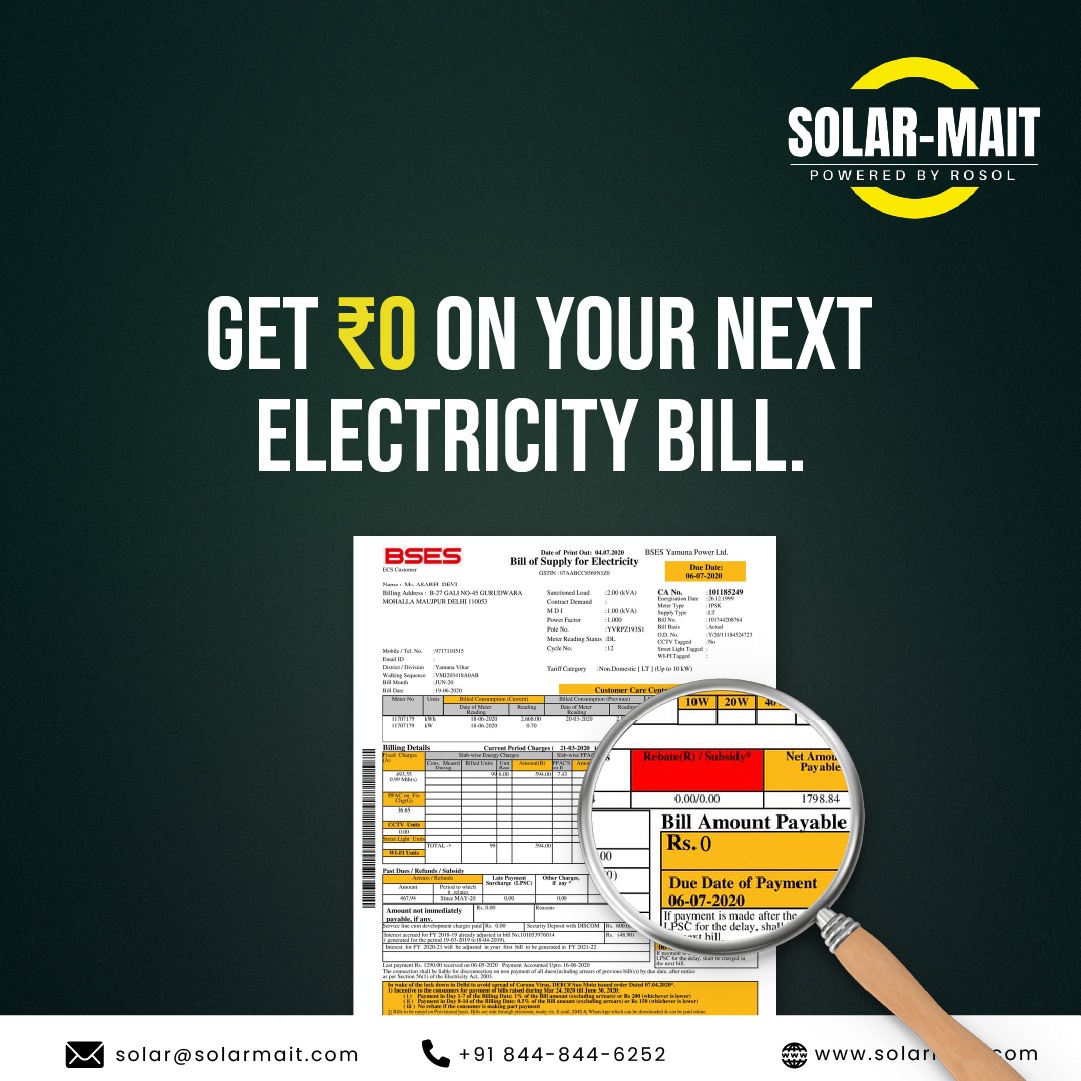 No need to be tensed about your large monthly electrical expenses. 
Just Go Solar and enjoy 'zero' electricity bills every month.
#SOLARMAITIndia #SOLARMAITdelhi #SOLARMAIT #Usingsolarenergy 
#solarsystem #greenenergy #gogreen
#energysolar #solarpowerenergy #solarthermalenergy