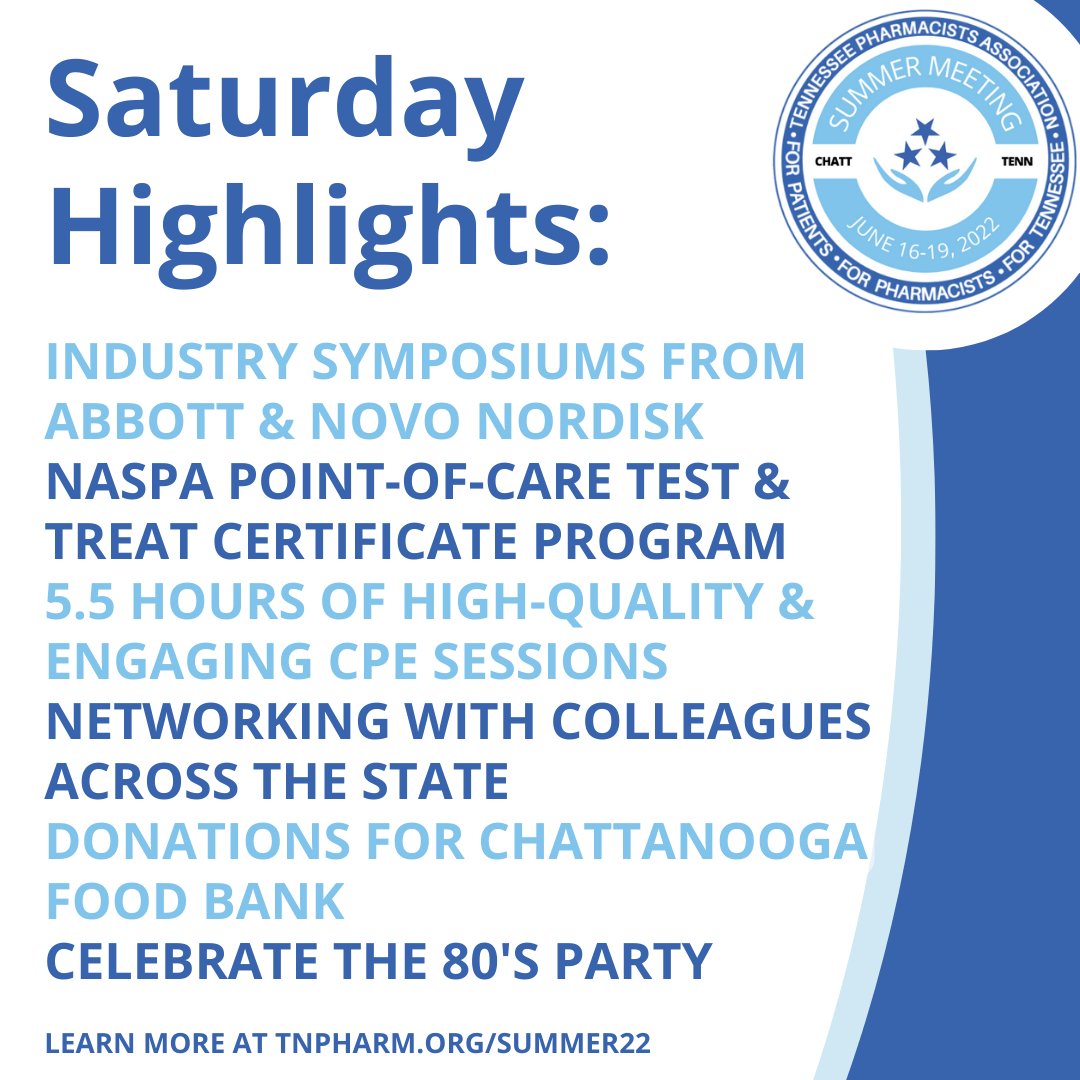 TNPharmacists's tweet photo. Did you keep up with all the activities from Friday? Saturday at #TPASummer2022 is a day full of networking and learning with 5.5 hours of high-quality CPE sessions! https://t.co/wmeY2aKXoD