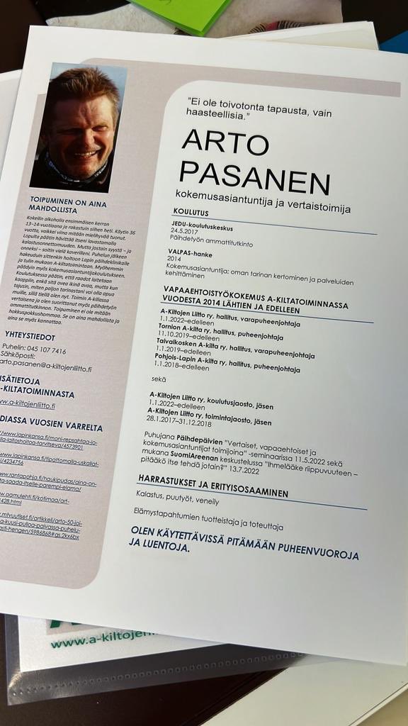 Lapinmies <a href="/pasaarto/">arto pasanen</a> monessa mukana ja käytettävissä mm. luentoja ja kokemusasiantuntijapuheenvuoroja pitämään. 

#vertainen #kokemusasiantuntija #A_kiltatoiminta #päihteet