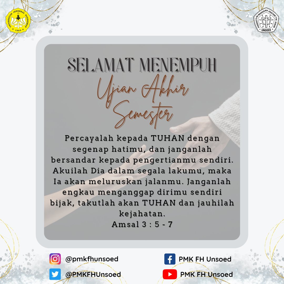 Selamat menempuh Ujian Akhir Semester! Kiranya Tuhan Yesus memberikan berkat, hikmat, kesehatan, dan kepandaian selama Ujian Akhir Semester ini agar dapat mengerjakan ujian dengan penuh tanggung jawab dan mendapatkan hasil yang maksimal. Tuhan Yesus memberkati!🤍

#satudalampmk