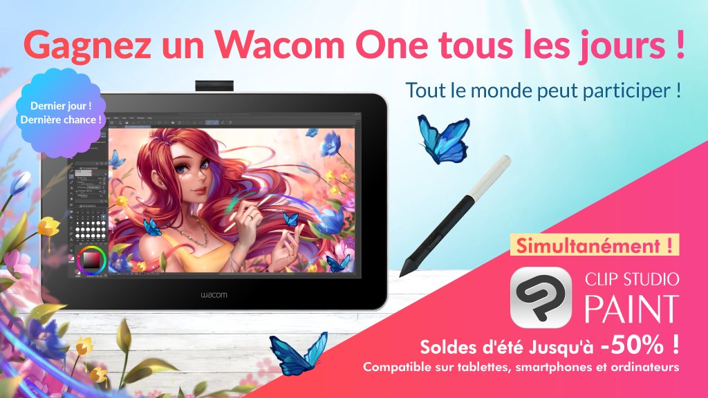 clipstudiopaint's tweet photo. Jusqu'au 21/06/2022, 8h00 (GMT) ! CLIP STUDIO PAINT jusqu'à 50 % de réduction ! Tout le monde peut participer ! Suivez &amp; retweetez ce tweet pour participer à la loterie et gagner un Wacom One ! C'est le dernier jour, jusqu'au 21 juin 8h00 (GMT) ! Détails : https://t.co/2rZ9mVj3Yh https://t.co/hJBWy2je31