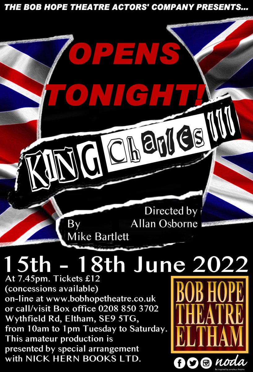 Wishing all the King Charles lll Cast and Crew a fantastic opening night and run for the rest of the week. 
Book your tickets from: 
bobhopetheatre.co.uk/kingcharles.ht…
or call/visit our box-office 0n 020 8850 3702 Wythfield Rd, Eltham, SE9 5TG.