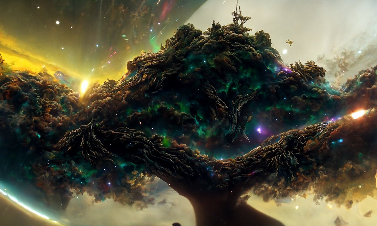 "Miles tall trees grew from groves billions of years old...  There a single organism dwelled, a tree so deep it became molten at the heart of the world. It was a tree so old that parts of it burned to keep other parts warm" 

lore + Disco Diffusion