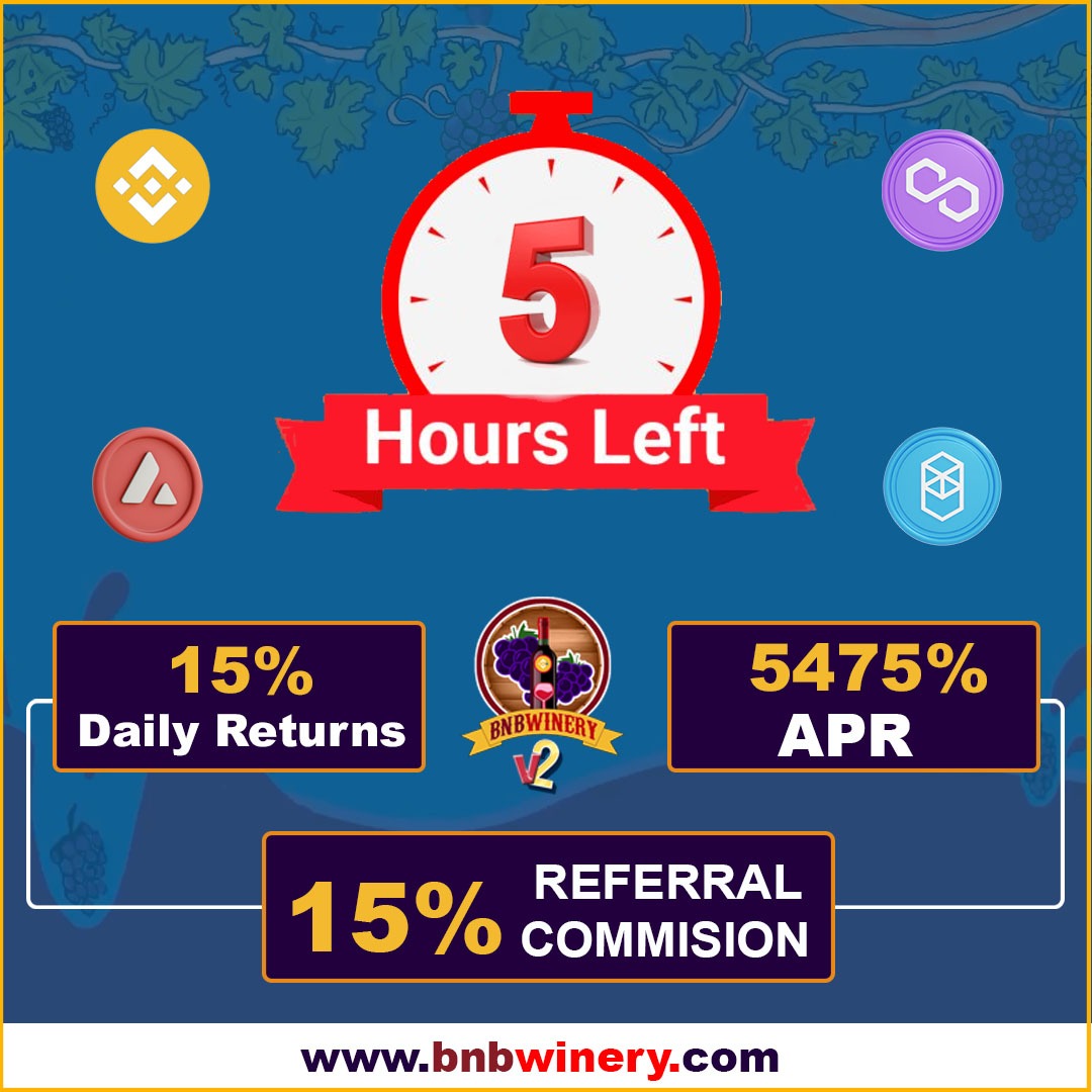 BnbWinery's tweet photo. 5HOURS TO GO!!!
BNB Winery🍷v-2 (Multi-coin-staking) 
Launch: 15th June, 11 UTC.
Steps to get rewards:
Like &amp; Retweet
Join Our telegram community https://t.co/lBpr7qFGZ5 and get 100 WINE tokens.
Hurry up!!! 
#BNB #PolygonMatic #AVAX #FTM #cryptocurrecy #Staking #smartcontracts https://t.co/OnPFOhUZ3v