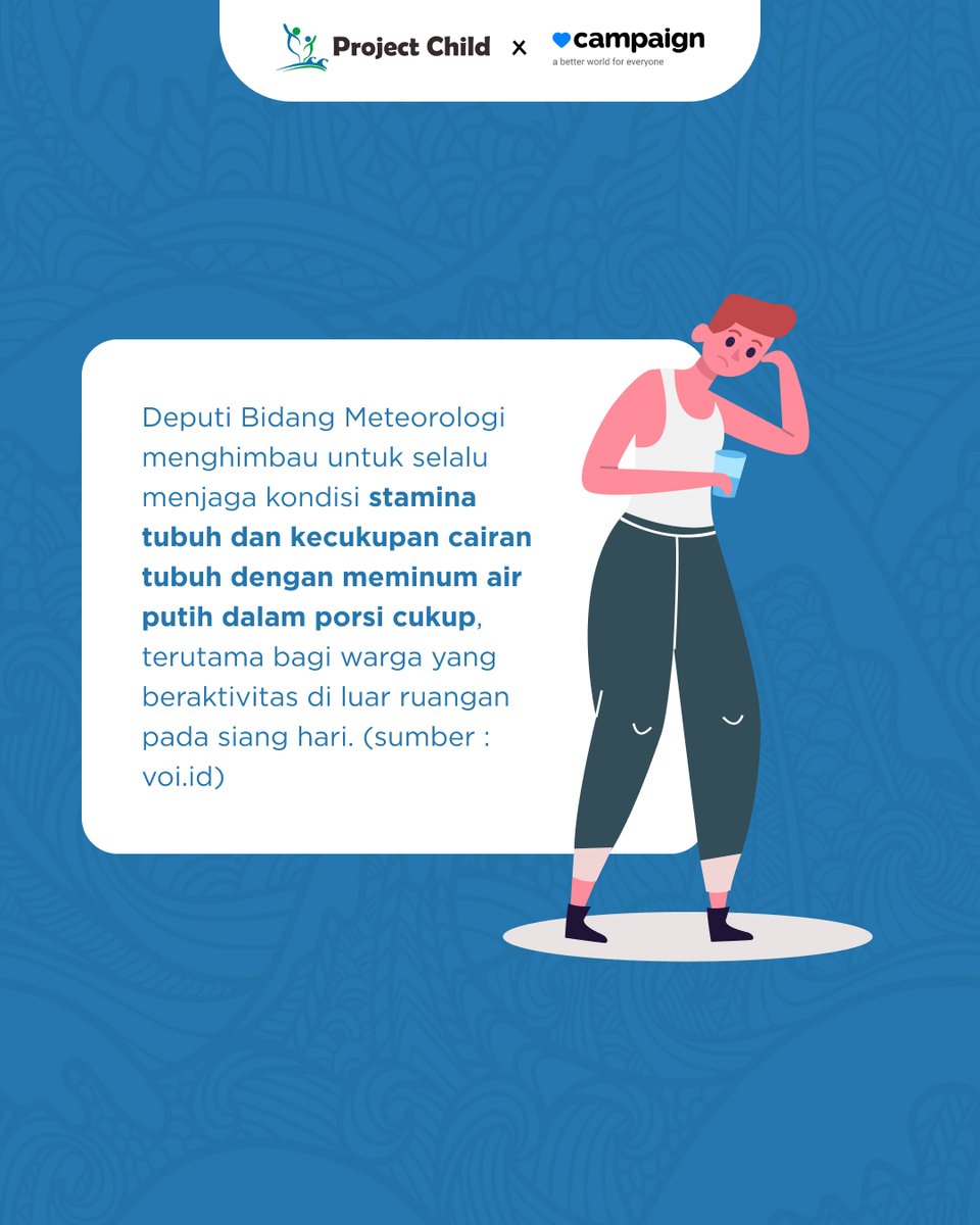 projectchildina's tweet photo. Belakangan ini tuh rasanya udara panas banget, nggak sih?
Nah, Minci mau ingetin nih buat kakak-kakak semua buat jangan lupa rajin minum air ya, biar terhindar dari dehidrasi di tengah suhu udara panas ini 🥤💧🥤
#projectchild #Heatwave #water https://t.co/XLroUKUy6V