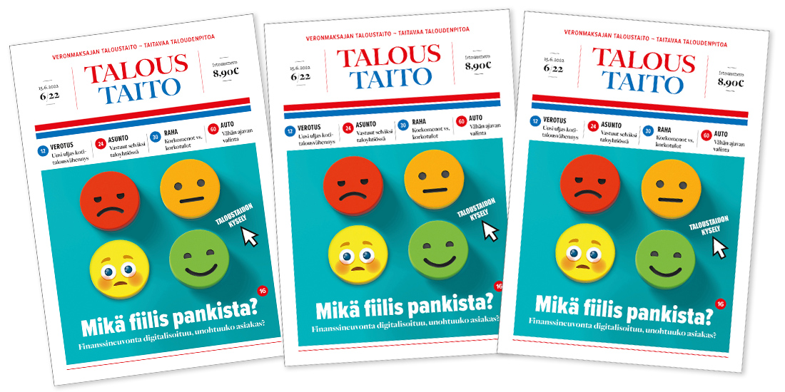 Taloustaito's tweet image. Mikä fiilis pankista? Taloustaidon kyselyssa pienten pankkien neuvontapalvelut erottuvat edukseen. Lue juttu kesäkuun Taloustaidosta. #Pankit2022kysely #Taloustaito