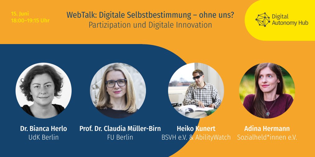 Heute Abend ist es soweit: Der DAH #WebTalk widmet sich den (Un-) Möglichkeiten partizipativer Technikgestaltung. 💻🦽Wir freuen uns auf die Diskussion mit Adina Hermann, <a href="/HeikoKunert/">Heiko Kunert</a> 
 @clmbirn und <a href="/bherlo/">Bianca Herlo (@bherlo@mastodon.social)</a>.
Jetzt noch anmelden: 👇meetgi.zoom.us/webinar/regist…