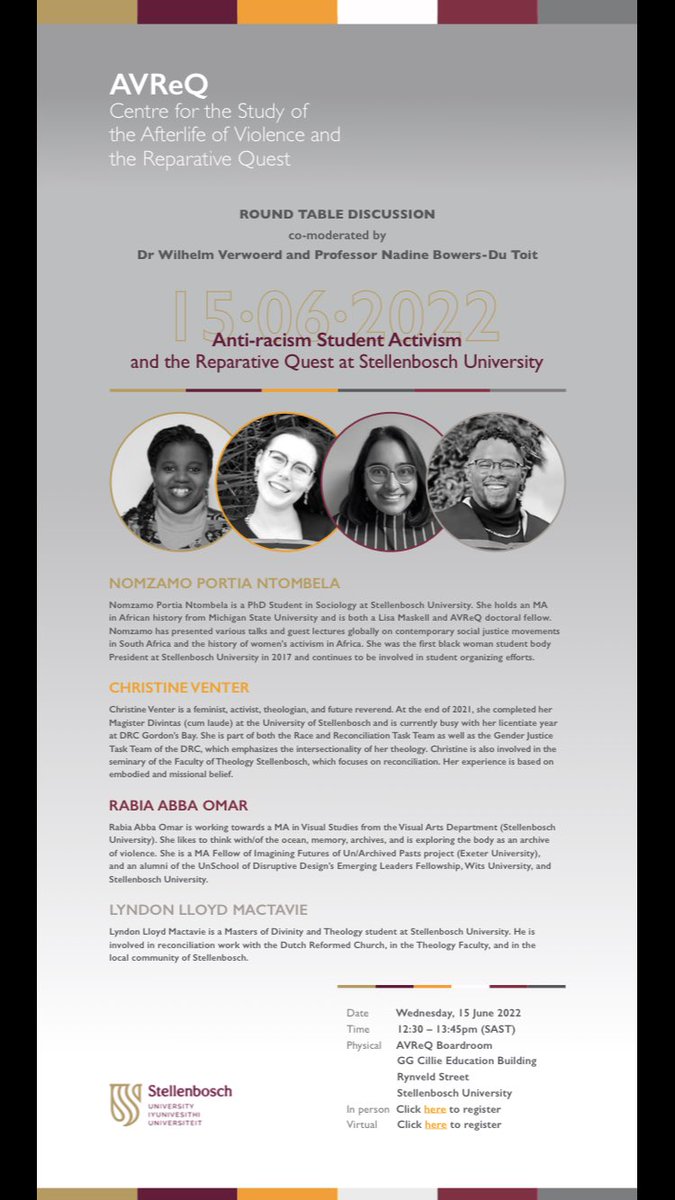 rabzia_'s tweet photo. Speaking about anti-racism work in Stellenbosch. Pull through to AVReQ - between the Education and BA buildings. https://t.co/fTHYOLYOT9